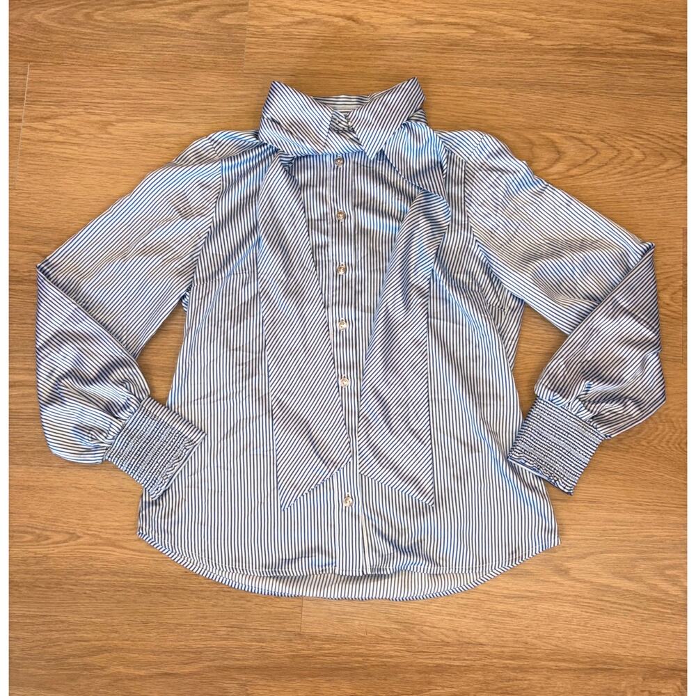 Cabi Margot blue & white pin stripe long sleeve silky blouse womens size small
